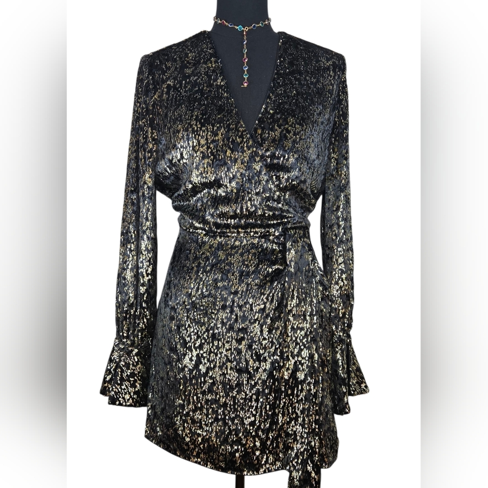 NWT $595 Simkhai Camryn Metallic Faux Wrap Mini Dress Black Gold Sz 10 Party - Picture 9 of 15